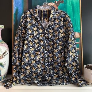 Point Zero Navy and Yellow Floral Shirt XL